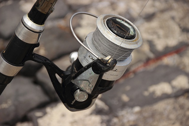 fishing reel and fishing line closeup